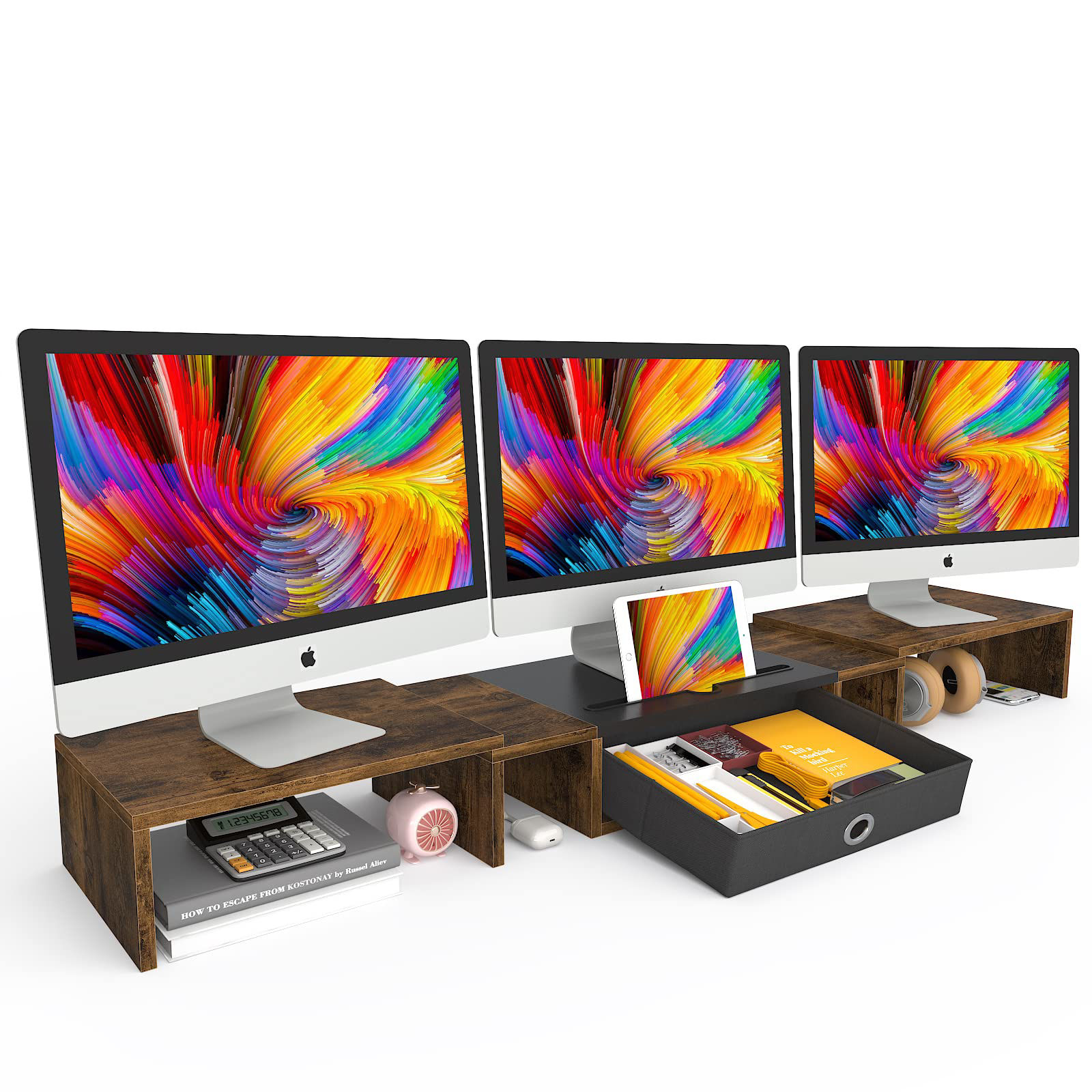 GetUSCart WESTREE Triple Dual Monitor Stand Riser with Drawer,Extra