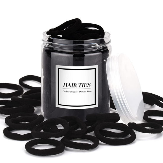 Picture of iFwevs 50PCS Black Hair Ties,Cotton Seamless Ponytail Holders,No Damage Elastics Hair Bands for Thick Heavy &Curly Hair
