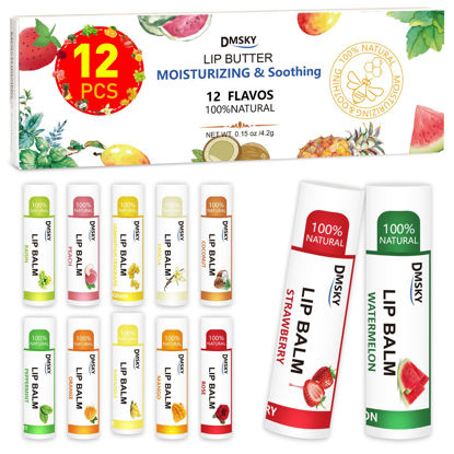 Picture of DMSKY 12-Pack Vitamin E Lip Balm in Bulk with Coconut Oil -100% Natural Ingredients- Lip Moisturizer Treatment - Moisturizing, Soothing, Chapped Lips. Assortment of 12 Flavors