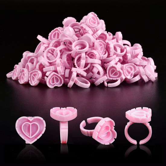 Picture of Glue Rings INFILILA Glue Rings for Eyelash Extensions 100PCS Disposable Rings for Lashes Lovely Heart Shape Lash Fan Blossom Glue Cups Lash Extension Supplies Lash Supplies for Eyelash Extensions