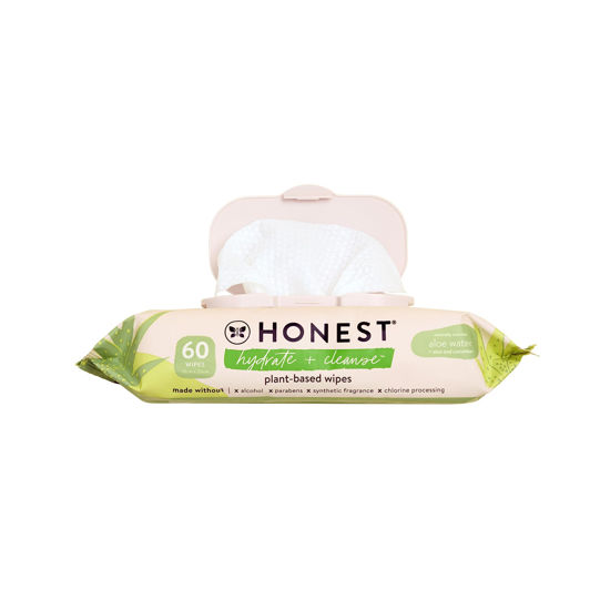 Picture of The Honest Company Hydrate + Cleanse Benefit Wipes | Cleansing Multi-Tasking Wipes | 99% Water, Plant-Based, Hypoallergenic | Aloe + Cucumber, 60 Count