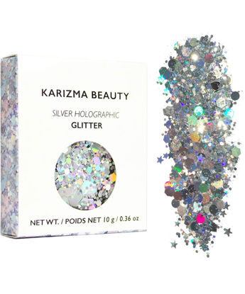 Picture of KARIZMA Holographic Silver Body Glitter. 10g Glitter for Chunky Face , Hair, Eye and Body for Women. Rave Glitter, Festival Accessories, Cosmetic Makeup. Loose Glitter Set