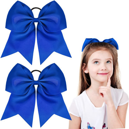 Picture of 2 Packs Jumbo Cheerleading Bow 8 Inch Cheer Hair Bows Large Cheerleading Hair Bows with Ponytail Holder for Teen Girls Softball Cheerleader Outfit Uniform (Blue)