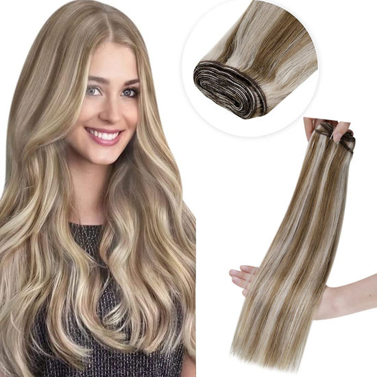 GetUSCart LAAVOO Highlighted Sew in Hair Extensions Human Hair 14 Inch 80g Light Brown with Blonde Remy Hair Extensions Weft Real Human Hair Thick Double Weft