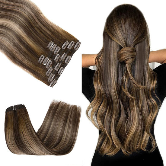 GetUSCart Hair Extensions Clip in Human Hair Mushroom Brown 12Inch 100grams 7pcs No Shedding No Tangling Natural Remy Human Hair Silky Straight Human Hair Clip