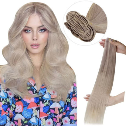 Picture of 【Clearance】 Sew in Hair Extensions Blonde Balayage Weft Bundles Human Hair Ash Blonde Mix Platinum Blonde 14inch 100g Real Human Hair Weft Extensions Ombre Blonde Invisible for Women