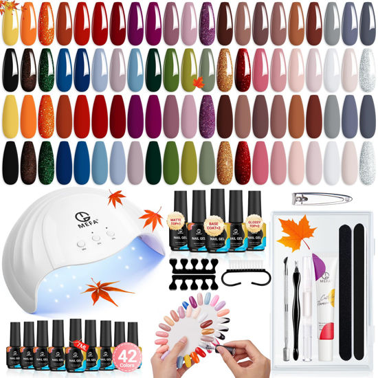 Picture of MEFA Gel Nail Polish Kit with U V Light 42 Colors, Fall Gel Polish with Base and Matte/Glossy Top Coat Nail Art Decorations Manicure Essential Tools Cuticle Remover Starters Kit Home Salon Gifts 60 Pcs