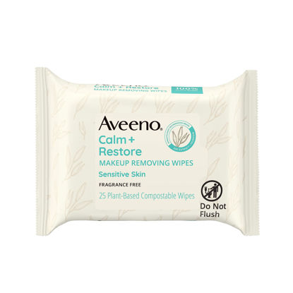Picture of Aveeno Calm + Restore Nourishing Makeup Remover Face Wipes, Fragrance Free Facial Cleansing Towelettes with Oat Extract & Calming Feverfew, Alcohol Free, 100% Plant-Based Cloth, 25 ct