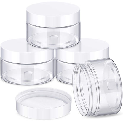 Picture of 4 Pieces Round Clear Wide-mouth Leak Proof Plastic Container Jars with Lids for Travel Storage Makeup Beauty Products Face Creams Oils Salves Ointments DIY Making or Others (White, 1 Ounce)