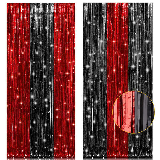 Black and Gold Foil Fringe Curtain,Tinsel Metallic Curtains Photo Backdrop  Streamer Curtain for New Year Birthday Party Supplies