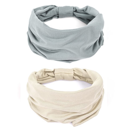 Picture of GILI 2 Pack Wide Headbands for Women Boho African Knotted Non Slip Fashion Hair Bands Yoga Running Sports Workout Gym Head Wraps Elastic Soft Cotton Cloth Turbans Bandana for Girls(Light Grey, Skin)