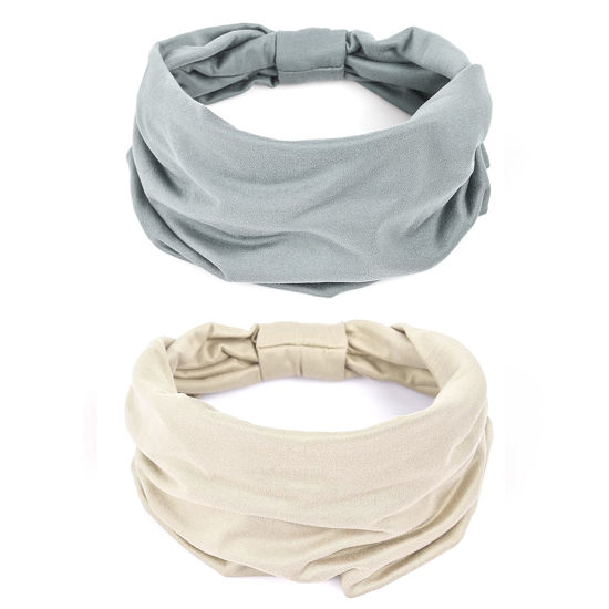 Picture of GILI 2 Pack Wide Headbands for Women Boho African Knotted Non Slip Fashion Hair Bands Yoga Running Sports Workout Gym Head Wraps Elastic Soft Cotton Cloth Turbans Bandana for Girls(Light Grey, Skin)