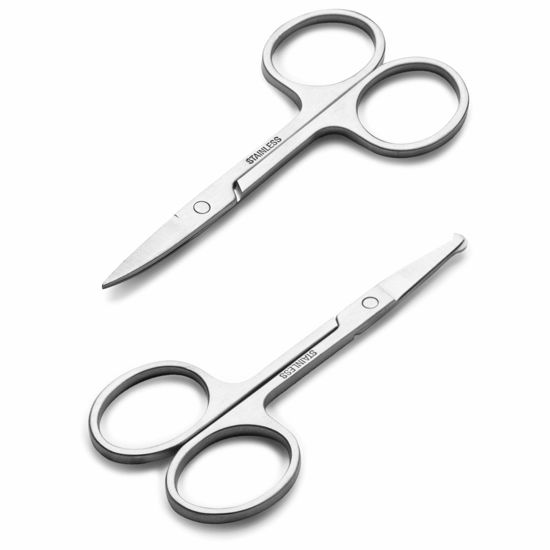 Picture of Facial Hair Small Grooming Scissors For Men Women - Eyebrow, Nose Hair, Mustache, Beard, Eyelashes, Ear Trimming Kit - Curved and Rounded Safety Tip Clippers For Hair Cutting - 2PCS Silver
