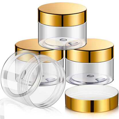 Picture of 4 Pieces Round Clear Wide-mouth Leak Proof Plastic Container Jars with Lids for Travel Storage Makeup Beauty Products Face Creams Oils Salves Ointments DIY Making or Others (Gold, 1 Ounce)