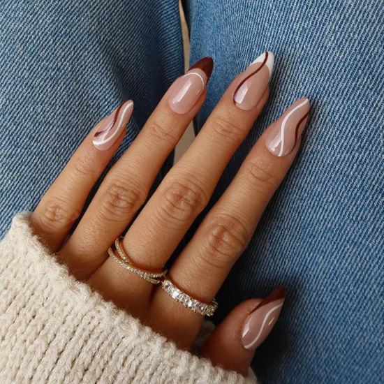 French Tips Press on Nails Almond Medium Length,KXAMELIE Glue on Nails  Acrylic Nails Embellished Abstract Swirls,Nails Stick on for Daily  Wear,Fake ...