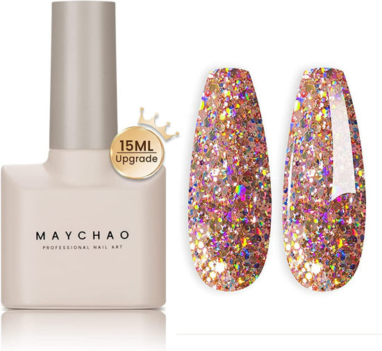Picture of MAYCHAO 15ML Gel Nail Polish 1Pc Clear Pink Glitter Nail Polish Soak Off UV LED Nail Gel Polish Nail Art Starter Manicure Salon DIY at Home, 0.5 OZ