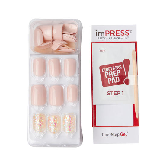 Picture of KISS imPRESS Press-On Manicure, Nail Kit, PureFit Technology, Short Press-On Nails, Square, 'Dorothy', Includes Prep Pad, Mini Nail File, Cuticle Stick, and 30 Fake Nails