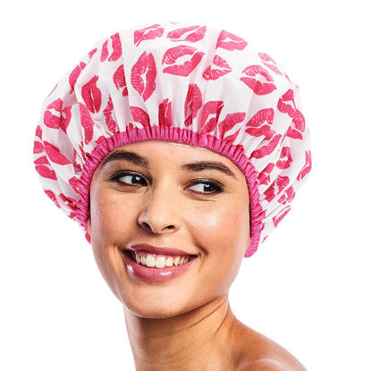 Picture of Reusable Shower Cap & Bath Cap & Lined, Oversized Waterproof Shower Caps Large Designed for all Hair Lengths with PEVA Lining & Elastic Band Stretch Hem Hair Hat - Fashionista Showered With Kisses