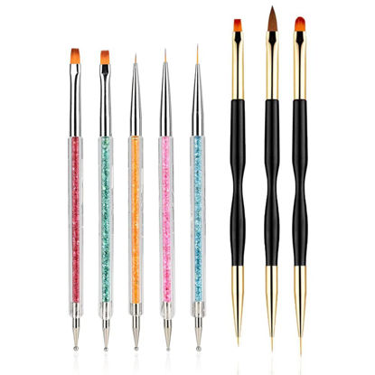 Picture of FULINJOY 8PCS Nail Art Brushes, Double-Ended Brush and Dotting Tool Kit, Dual End Nail Art Pen Brush Acrylic Round Flat Painting Drawing Liner Nail Tools