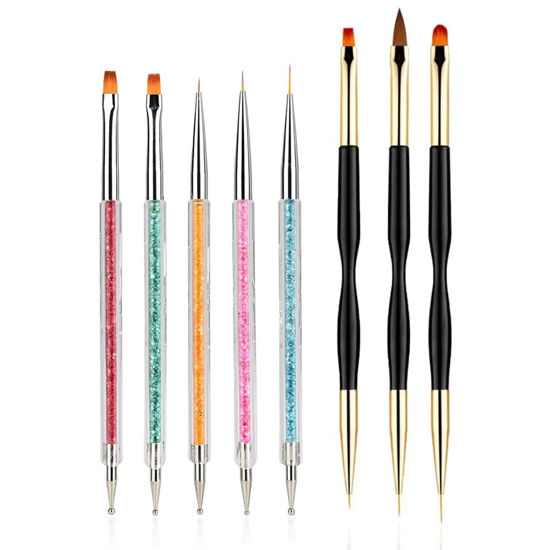 Picture of FULINJOY 8PCS Nail Art Brushes, Double-Ended Brush and Dotting Tool Kit, Dual End Nail Art Pen Brush Acrylic Round Flat Painting Drawing Liner Nail Tools
