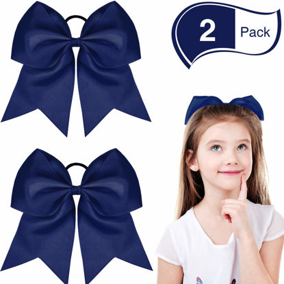 Picture of 2 Packs Jumbo Cheerleading Bow 8 Inch Cheer Hair Bows Large Cheerleading Hair Bows with Ponytail Holder for Teen Girls Softball Cheerleader Outfit Uniform (Navy Blue)