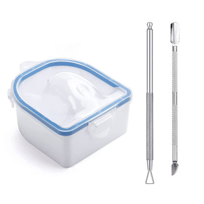 Picture of Nail Soaking Bowl, Soak Off Gel Polish Dip Powder Remover Hand Acetone Nail Soak Off Bowl Manicure Bowl with Triangle Cuticle Peeler and Stainless Steel Cuticle Pusher Nail Art Tool (Blue-1Piece)