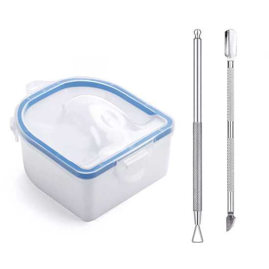 Picture of Nail Soaking Bowl, Soak Off Gel Polish Dip Powder Remover Hand Acetone Nail Soak Off Bowl Manicure Bowl with Triangle Cuticle Peeler and Stainless Steel Cuticle Pusher Nail Art Tool (Blue-1Piece)