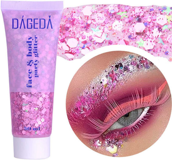 Picture of DAGEDA Body Glitter Gel, Face Glitters Body Gel Sequins Shimmer Liquid Eyeshadow, Chunky Glitter for Face Hair Nails, Holographic Cosmetic Laser Powder Festival Makeup 50ml(Pink)