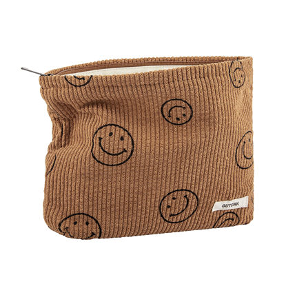 Picture of GUTGNK Cosmetic bags for women, Cute Smile Face makeup bag, travel makeup bag small makeup bag for purse organizer makeup organizer Aesthetic Stuff,Corduroy make up bag with Zipper - Brown