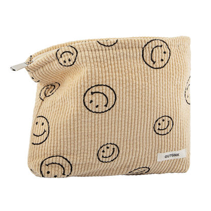 Picture of Makeup bag for Women, Corduroy Cosmetic Bag Aesthetic Design Ladies Tote Bag, Pencil Case for Girls, Cute Smiley Face Makeup Organizer with Zipper - Khaki