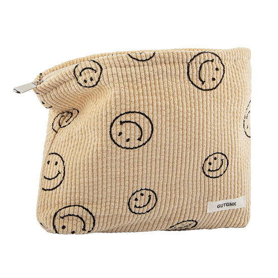 Picture of Makeup bag for Women, Corduroy Cosmetic Bag Aesthetic Design Ladies Tote Bag, Pencil Case for Girls, Cute Smiley Face Makeup Organizer with Zipper - Khaki
