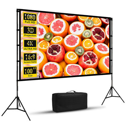 Picture of 100 inch Projector Screen with Stand, Wootfairy Foldable and Portable Projection Screen 16:9 4K HD Rear Front Wrinkle-Free Movie Screen with Carry Bag for Indoor Outdoor Home Theater Backyard Cinema