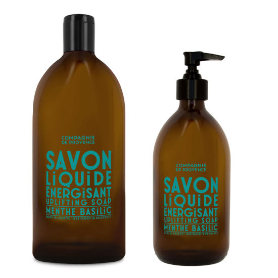 Picture of Compagnie de Provence Savon de Marseille Apothicare Liquid Soap, Mint Basil, 16.9 Fl Oz Glass Pump Bottle and 33.8 fl oz Plastic Bottle Refill