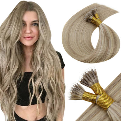 Picture of 【Only 1 Day】Human Hair Nano Bead Extensions 22 Inch Dark Ash Blonde Highlight Light Blonde Nano Micro Ring Hair Extensions Silky Soft 50g/50s