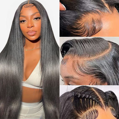 Picture of 13x6 Lace Front Wigs Human Hair Pre Plucked 180 Density 24 Inch Straight Lace Front Wigs HD Lace Frontal Wigs Human Hair for Women Natural Black with Baby Hair Glueless Wigs