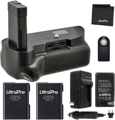 Picture of Battery Grip Bundle for Nikon D5300, D5200, D5100, D3300, D3200, D3100: Includes Vertical Battery Grip, 2-Pk EN-EL14 Long-Life Batteries, Charger, Remote, Microfiber Cleaning Cloth
