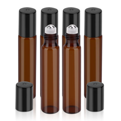 Picture of sungwoo 6 Pack Essential Oil Roller Bottles, 10ml Amber Glass Roller Bottles with Stainless Steel Roller Balls and Caps for Travel, Perfume and Lip Gloss
