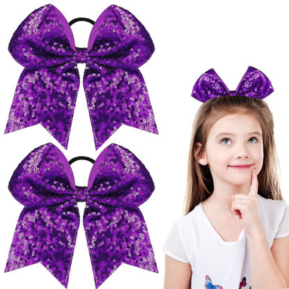 Picture of 2 Packs Jumbo Cheerleading Bow 8 Inch Cheer Bows Large Cheerleading Hair Bows with Ponytail Holder for Teen Girls Softball Cheerleader Outfit Uniform (Sequin Purple)