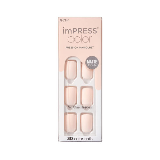 Picture of KISS imPRESS Color Press-On Manicure Fake Nails, Lovely - Short Length, Matte, Polish-Free Solid Color Mani, Includes Prep Pad, Mini File, Manicure Stick, and 30 Fake Nails