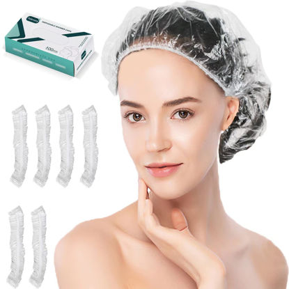 Picture of Disposable Shower Caps - 100PCS Shower Cap Tobvory Waterproof Plastic Shower Cap For Women Men For Hair - Extra Elastic Large Shower Caps For Bath, Hair Treatment, Conditioning In Home Hotel Travel