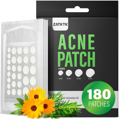 Picture of ZATKTK Acne Pimple Patch For Wrinkles Treatment (180 Counts 4 Sizes), Invisible Hydrocolloid Acne Patch with Tea Tree Oil & Calendula Oil, Acne Spot Healing Zit Patches for Face