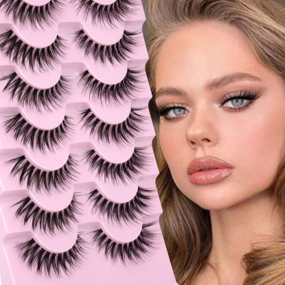 Picture of JIMIRE Cat Eye Lashes with Clear Band Fluffy Wispy 15mm False Eyelashes Demi-Wispies 3D Natural Faux Mink Lashes Light Volume Delicate Fake Lashes 7 Pairs Pack