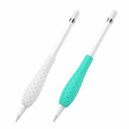 Picture of MoKo [2 Pack] Silicone Grip Holder Ergo Protective Sleeve Cover Case Accessories Compatible with Apple Pencil 1st / 2nd Generation, White & Gem Green