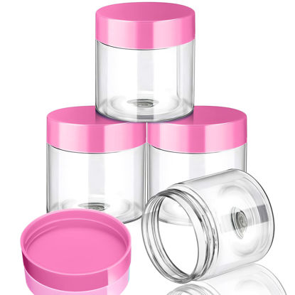 Picture of 4 Pieces Round Clear Wide-mouth Leak Proof Plastic Container Jars with Lids for Travel Storage Makeup Beauty Products Face Creams Oils Salves Ointments DIY Making or Others (Pink, 2 Ounce)