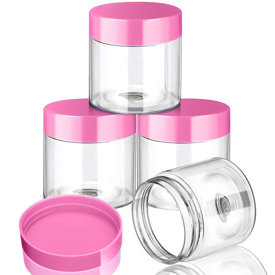 Picture of 4 Pieces Round Clear Wide-mouth Leak Proof Plastic Container Jars with Lids for Travel Storage Makeup Beauty Products Face Creams Oils Salves Ointments DIY Making or Others (Pink, 2 Ounce)