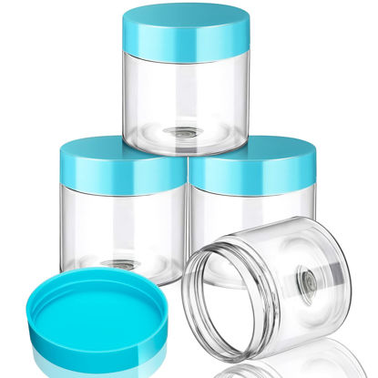 Picture of 4 Pieces Round Clear Wide-mouth Leak Proof Plastic Container Jars with Lids for Travel Storage Makeup Beauty Products Face Creams Oils Salves Ointments DIY Making or Others (Blue, 2 Ounce)