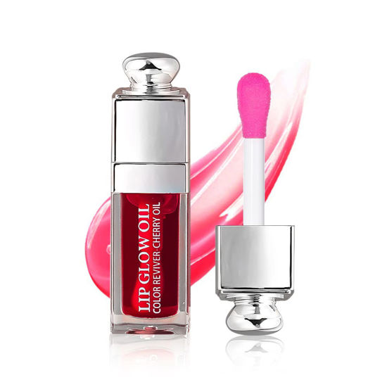 Picture of Hydrating Lip Glow Oil, Lip Oil Gloss Transparent Toot Tinted Nourishing Long Lasting Repairing Lightening Lip Lines (CHERRY) 0.2 OZ