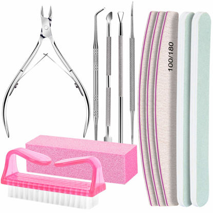 Picture of Nail Care Tool Kit, FANDAMEI Nail Files 100/180, Buffer Block, Cuticle Nippers, Cuticle Pusher, Cuticle Peeler, Nail Lifter for Ingrown Toenails, Toenail File, Nail Brush, for Manicure and Pedicure