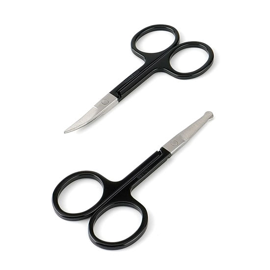 Picture of Facial Hair Small Grooming Scissors For Men Women - Eyebrow, Nose Hair, Mustache, Beard, Eyelashes, Ear Trimming Kit - Curved and Rounded Safety Tip Clippers For Hair Cutting- 2PCS Black