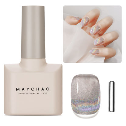 Picture of MAYCHAO 15ML Cat Eye Gel Nail Polish 1Pc Rainbow Cat Eye Nail Polish with Magnet Soak off Holographic Magnetic Gel Polish for Nail Art Manicure Salon DIY at Home, 0.5 OZ